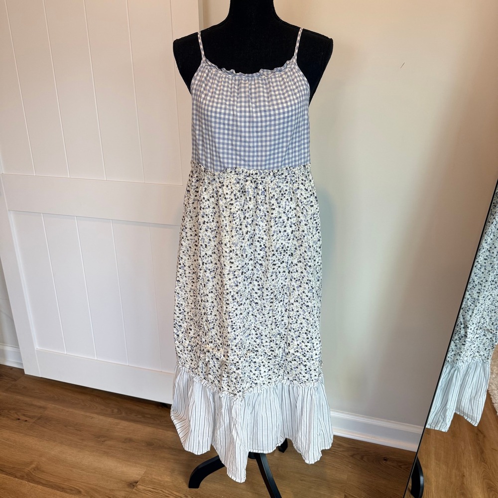 Rails Dora Floral Gingham Mix Midi Dress Blue White Cotton Women Small